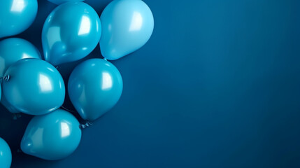 Blue helium balloons on blue background with copy space. Decoration for a birthday party, concept of happiness, and celebration. Blue balloons, background for wedding, anniversary. AI generated image.