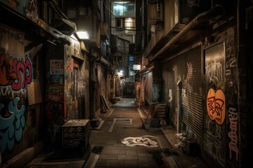 Fototapeta na wymiar Discovering Tokyo's Hidden Graffiti Art Scene Abandoned alleyway, GENERATIVE AI
