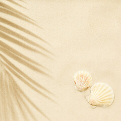 Fototapeta na wymiar Beach sand with shadow of palm leaf and seashells - background