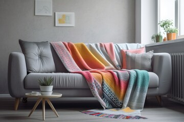 Grey couch with cozy throw blanket and colorful pillows. Generative AI