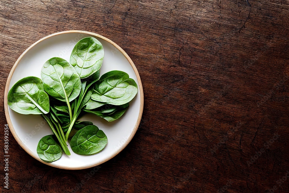 Poster Bowl of healthy green salad with spinach on dark wooden background., created with generative ai