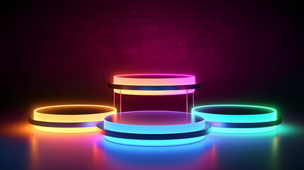 stage spotlight illuminated neon lights round podium realistic