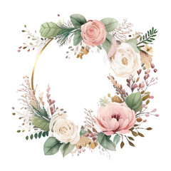 Wreath with flowers, leaves and branches in vintage watercolor style. Vector circle frame