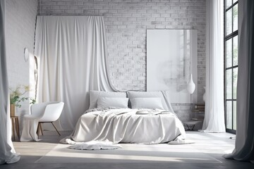 Mockup of a bedroom's interior with a blank, white brick wall. Morning light that filters through the curtain. Generative AI