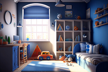 Child s room. Boy s room. Child bedroom. Kids toys. Colorful bedroom. Real estate. Renovation company. Home staging. Daylight. Blue walls.
