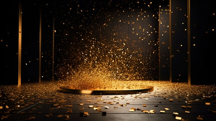 Golden confetti rain on festive stage with a light beam in the middle, empty room at night mockup with copy space for the award ceremony, jubilee, New Year's party, or product