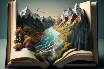 AI-generated magical book features enchanting landscapes and portals to other worlds, offering a mystical experience.