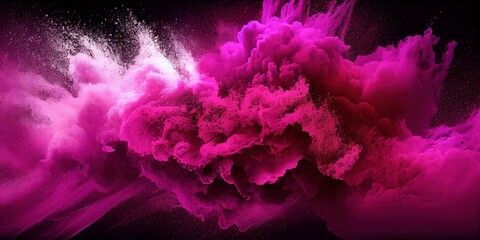 Magenta powder explosion abstract background. Colored sand dust texture. Ai generated decorative Magenta pink holi festival paint powder horizontal illustration. - obrazy, fototapety, plakaty