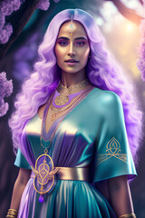 A Lilac Goddess in an Aqua Iridescent Silken Robe, Image Created with Generative AI Technology