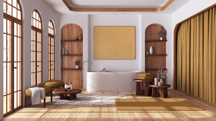 Bathroom in boho style with arched windows and parquet. Freestanding bathtub, carpet and side tables in white and yellow tones. Japandi wooden interior design