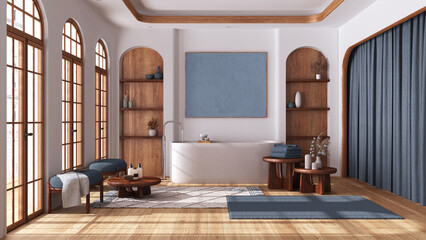 Bathroom in boho style with arched windows and parquet. Freestanding bathtub, carpet and side tables in white and blue tones. Japandi wooden interior design