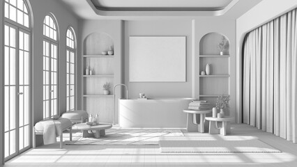 Total white project draft, bathroom in boho style with arched windows and parquet. Freestanding bathtub, carpet and side tables. Japandi wooden interior design