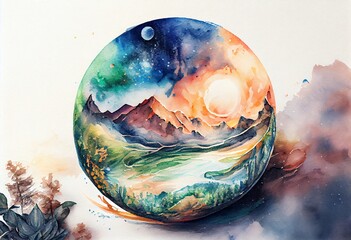 Obraz na płótnie Canvas Watercolor Illustration of a Beautiful Space And Earth. Generative AI