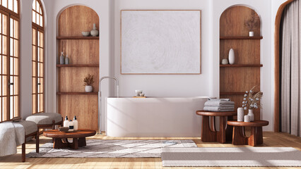 Wooden bathroom in boho style with arched door and windows, parquet floor. Freestanding bathtub, carpets and tables in white and beige tones. Modern interior design