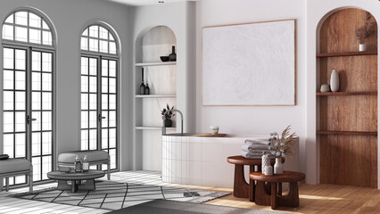 Architect interior designer concept: hand-drawn draft unfinished project that becomes real, modern wooden bathroom with parquet and arched windows. Boho style