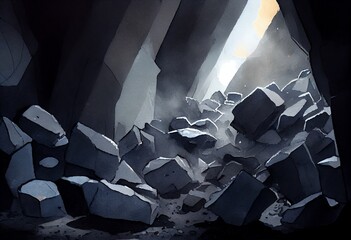 Watercolor Illustration of a Close Up Imagine Of Coal Pieces In A Dark Mine. Generative AI