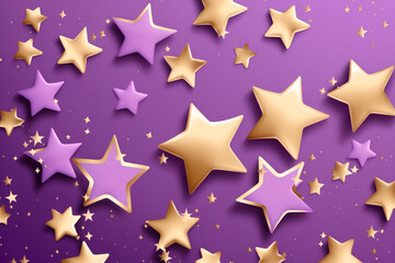 Golden different sizes star shape confetti on the violet background, festive background. Generative AI