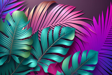 Fototapeta na wymiar Palm leaves with neon effect. Generative AI