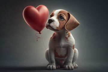Cute puppy dog pet with love valentine heart baloon. Sweet pets in love or friendship concept. Ai generated