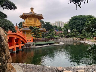 Naklejka premium Nan Lian Garden with Asian architecture and a small lake in Fung Tak Rd, Diamond Hill, Hong Kong