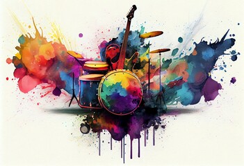 Watercolor Illustration of a Guitars And Drums With Rainbow Paint Energetic Explosion. Generative AI