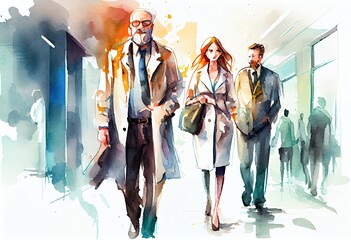 Naklejka premium Watercolor Illustration of a Health And Medical Concept. Medicine Doctor And Patients Come To Hospital Background Illustration. Generative AI