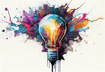 Watercolor Illustration of a Lightbulb Eureka Moment With Impactful And Inspiring Artistic Colourful Explosion Of Paint Energy. Generative AI