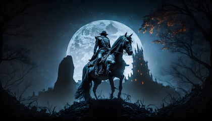 Medieval warrior with horse at night. Generative AI