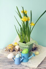 Easter still life from a bouquet of fresh flowers of daffodils, in a flowerpot, Easter eggs, on a wooden table, the concept of congratulations, postcards