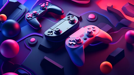 video game controller on pink and blue background - obrazy, fototapety, plakaty