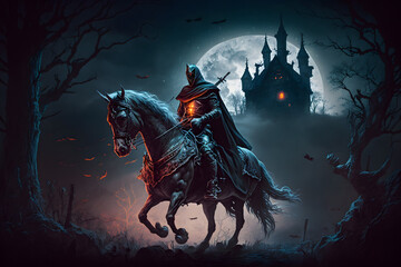 Medieval knight with horse at night. Generative AI