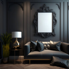 Mockup czarnej ramki na ciemnej ścianie luksusowego salonu z czarną sofą. Nowoczesny design wnętrza. Renderowanie 3D, ilustracja 3D. Generative AI.