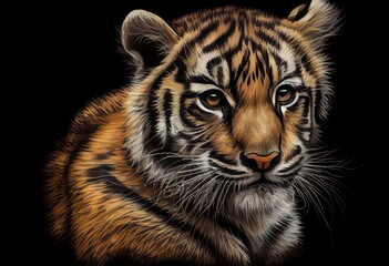 Obraz premium Watercolor Illustration of a Portrait Of A Young Tiger, Baby Tiger Head On Black Background. Image. Generative AI