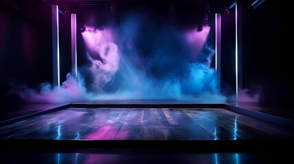 The asphalt floor and studio room with blue and pink smoke float up the interior texture for display products