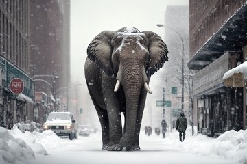 An elephant strolling through a cityscape, showcasing its majestic size and gentle demeanor amidst an urban setting. Generative AI