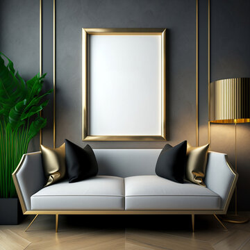 Mockup złotej ramki na szarej ścianie luksusowego salonu z białą sofą. Nowoczesny design wnętrza. Renderowanie 3D, ilustracja 3D. Generative AI.