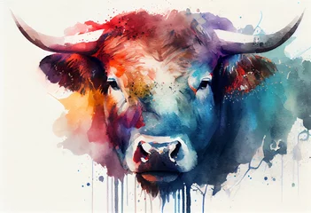 Foto op Plexiglas Watercolor Illustration of a Portrait Face Of Bull With Colorful Paint. Generative AI © Pixel Matrix
