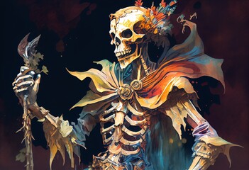 Watercolor Illustration of a Skeleton God, Undead Lord, Digital Illustration. Generative AI