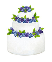 Wedding cake decorated with berries. Watercolor holiday clipart for design of postcards, greeting cards, invitations, menus, logos, fabric prints. Wedding, birthday, anniversary design.
