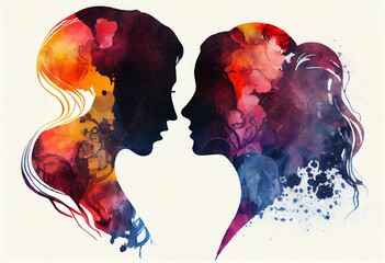 Watercolor Illustration of a Silhouette Of Two Women Head In Heart Shape. Generative AI