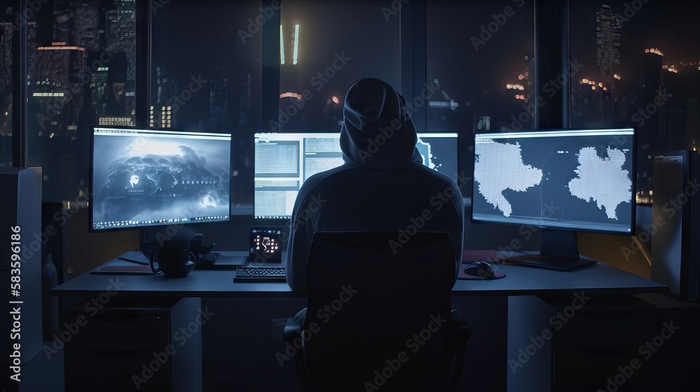 Poster crypto trader in a dark room with computer monitors and a city view, generative ai