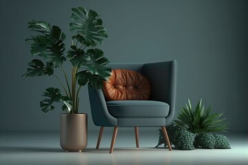A room with a chair and plants in pastel colors. The chair appears to be made of wood, with a simple and modern design. Generative AI