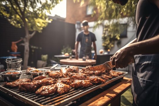 Barbeque with grilled chicken wings and sausages on the grill, Generative AI