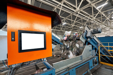 Control panel of production line in recycling plant workshop