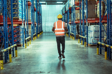 African American male warehouse worker hold cardboard box packaging in warehouse distribution center environment.