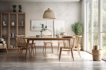 Interior Scene and Mockup, dining room with wooden furniture in a scandinavian design, sitting space by the window. Generative AI