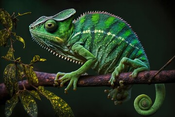 Obraz premium Chameleon perched on a branch, blending in with its surroundings. Generative AI