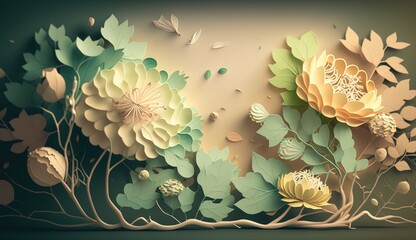 3D style, background from multi-layered paper application, flowers, twigs, petals. ai generation