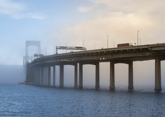 Picturesque view of Throgs Neck Bridge covered with fog in NYC