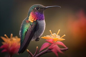 Fototapeta premium A hummingbird perched on a flower, with the bird's delicate wings and vibrant plumage captured in detail. Generative AI